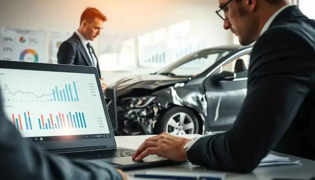 A professional setting depicting a car damage assessment scene. In the foreground, a person in business attire, looking intently at a laptop screen, with high-resolution graphs and figures displayed, highlighting insurance evaluations. In the middle ground, a damaged car with visible dents and scratches under natural light, positioned at an angle that allows visibility of the damage. In the background, an office environment featuring charts and documents related to insurance claims, with a large window letting in soft daylight, creating a serious and analytical atmosphere. The overall mood is focused and professional, emphasizing the decision-making process in insurance assessments.