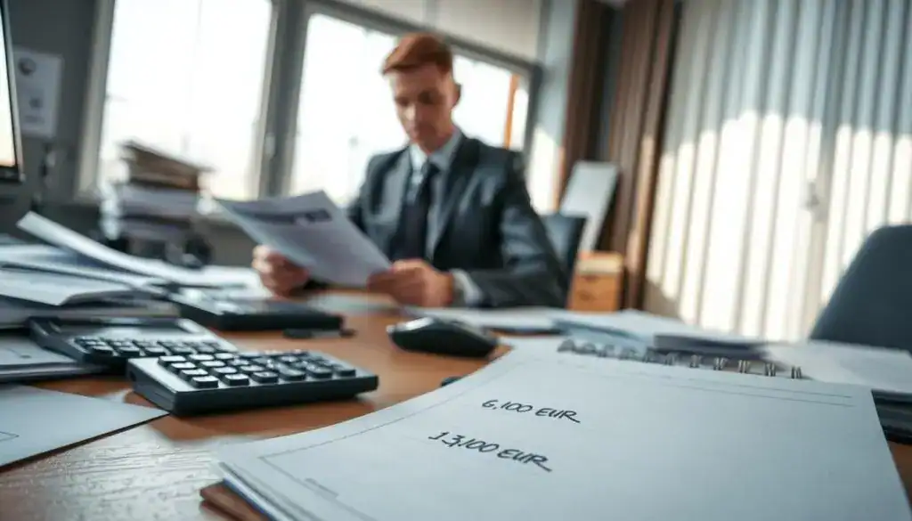 A professional setting depicting a desk cluttered with documents and calculators related to damage valuation. In the foreground, a close-up of a notepad with detailed handwritten calculations, reflecting two different valuations: 6,100 EUR and 13,200 EUR. In the middle, an assessor dressed in a smart business suit reviewing the documents, looking focused and contemplative. The background features a large window with natural light streaming in, illuminating the scene and creating a professional atmosphere. Soft shadows enhance the depth, while a muted color palette of blues and greys conveys a serious mood. The composition should be well-balanced, emphasizing the importance of accurate damage appraisal without any text or distractions in the image.
