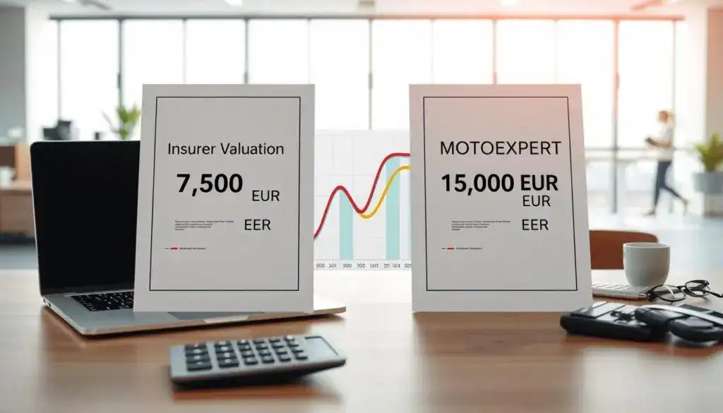A professional setting illustrating a comparison of valuations, featuring a side-by-side display of two documents: one labeled "Insurer Valuation: 7,500 EUR" and the other "MOTOEXPERT Valuation: 15,000 EUR". In the foreground, a well-organized desk with a sleek laptop and a calculator, symbolizing analysis and financial assessment. The middle ground should depict a chart or graph visually contrasting the two valuations with clear, distinct colors to signify differences. The background features a bright, modern office environment with large windows allowing natural light to filter in, enhancing the ambiance of professionalism. A calm and analytical atmosphere should prevail, emphasizing clarity and understanding in the comparison. No text or markings are included in the image. A professional setting illustrating a comparison of valuations, featuring a side-by-side display of two documents: one labeled "Insurer Valuation: 7,500 EUR" and the other "MOTOEXPERT Valuation: 15,000 EUR". In the foreground, a well-organized desk with a sleek laptop and a calculator, symbolizing analysis and financial assessment. The middle ground should depict a chart or graph visually contrasting the two valuations with clear, distinct colors to signify differences. The background features a bright, modern office environment with large windows allowing natural light to filter in, enhancing the ambiance of professionalism. A calm and analytical atmosphere should prevail, emphasizing clarity and understanding in the comparison. No text or markings are included in the image.
