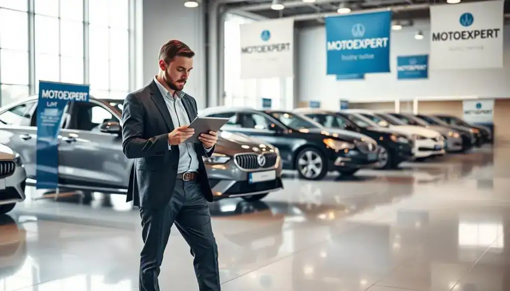 A professional setting showcasing a vehicle appraisal scene for "MOTOEXPERT." In the foreground, a well-dressed appraiser, wearing a smart blazer and slacks, is inspecting a car with a tablet in hand, analyzing its details. The middle ground features various vehicles in a well-lit, clean automotive showroom, with polished surfaces reflecting soft, natural light coming from large windows. In the background, there are banners showcasing MOTOEXPERT branding, emphasizing its professional valuation services. The atmosphere is focused and analytical, with an underlying sense of trust and expertise in vehicle assessment. The composition is shot from a slightly elevated angle to capture both the appraiser and the vehicles effectively, ensuring depth and clarity in the scene.