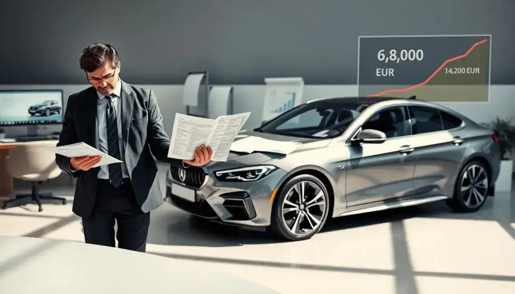 A professional setting showcasing a vehicle valuation scene. In the foreground, a business professional in smart attire examines a detailed document with vehicle statistics and values, looking concerned. The middle ground features a sleek, modern car parked next to a desk cluttered with valuation reports, charts, and a computer displaying price comparisons. In the background, a subtle chart graphic illustrates contrasting vehicle values with an emphasis on "6,800 EUR" versus "14,200 EUR." The lighting is bright and clear, casting soft shadows to create a serious, analytical atmosphere. The angle is slightly elevated, providing a comprehensive view of the scene while focusing on the professional's expressions and the car's details. The overall mood conveys urgency and concern regarding vehicle valuations. A professional setting showcasing a vehicle valuation scene. In the foreground, a business professional in smart attire examines a detailed document with vehicle statistics and values, looking concerned. The middle ground features a sleek, modern car parked next to a desk cluttered with valuation reports, charts, and a computer displaying price comparisons. In the background, a subtle chart graphic illustrates contrasting vehicle values with an emphasis on "6,800 EUR" versus "14,200 EUR." The lighting is bright and clear, casting soft shadows to create a serious, analytical atmosphere. The angle is slightly elevated, providing a comprehensive view of the scene while focusing on the professional's expressions and the car's details. The overall mood conveys urgency and concern regarding vehicle valuations.