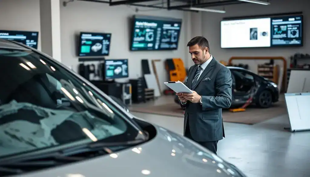 A professional setting showcasing the process of automotive damage assessment. In the foreground, a well-dressed male adjuster analyzing a damaged vehicle, clipboard in hand, evaluating extensive dents and scratches. The middle ground features a sleek modern office with digital screens displaying data and graphics about vehicle valuations, combining technological efficiency with expert analysis. The background shows a workshop area with tools and a partially repaired car under bright, even lighting, accentuating the details of the damage. The atmosphere is focused and serious, conveying a sense of reliability and expertise in automotive valuations, emphasizing the importance of accurate assessments in the insurance process. The scene captures a balanced composition, shot from a slight angle to add depth, using a neutral color palette.