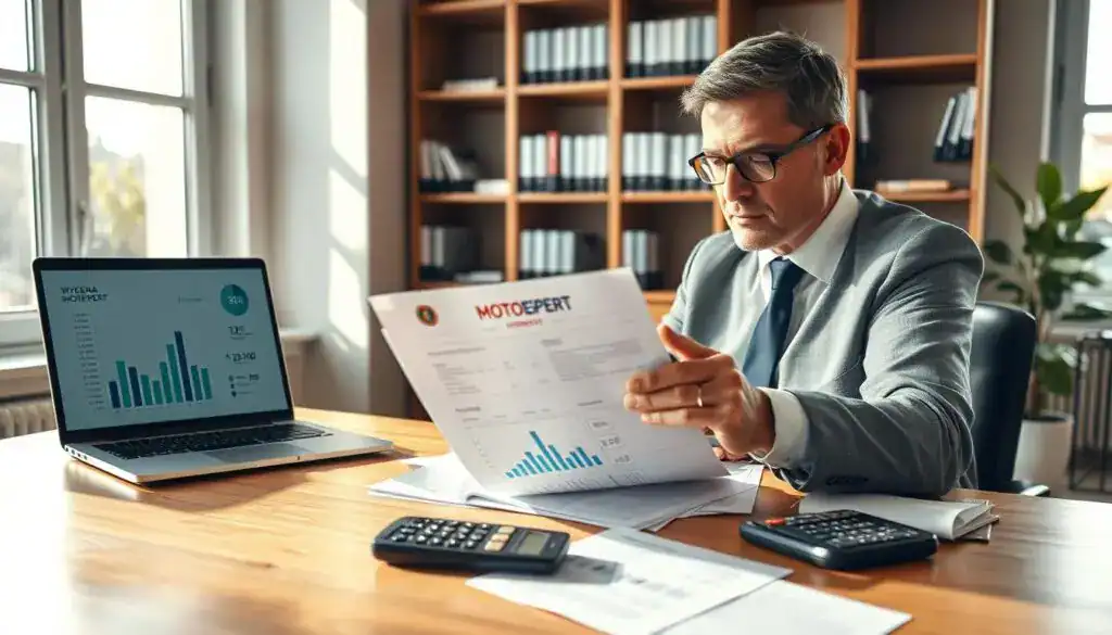 A professional setting with an elegant office environment featuring a well-dressed insurance adjuster examining a detailed report titled "Wycena MOTOEXPERT 13 200 EUR". In the foreground, a wooden desk is cluttered with papers, a laptop displaying graphs, and a calculator. The adjuster, a middle-aged person with a focused expression, is holding a pen over a document, contemplating the figures. The middle ground showcases a large window with natural light flooding the space, casting soft shadows. The background includes shelves filled with insurance books and a potted plant, adding a touch of greenery. The atmosphere is serious yet optimistic, reflecting a dedicated approach to accurately assessing damages. Use bright, warm lighting to create an inviting ambience.