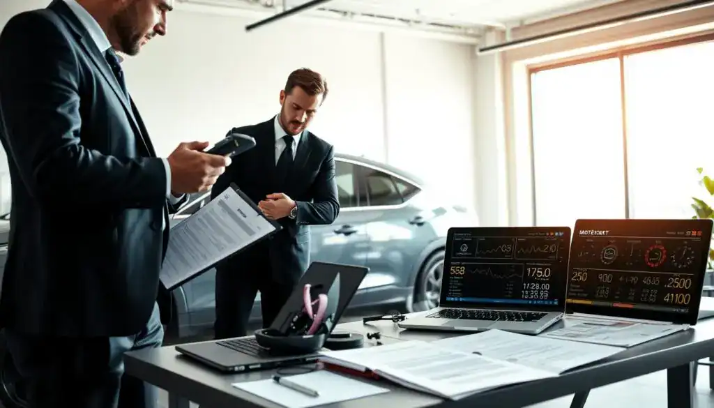 A professional vehicle appraiser, dressed in formal business attire, examining a car in a well-lit office space. In the foreground, the appraiser is focused, using a clipboard and a digital measuring tool on the sleek vehicle. The middle ground features a modern office desk cluttered with automotive evaluation documents and a laptop displaying numerical data. The background showcases a large window with natural light streaming in, casting soft shadows across the room. The atmosphere is serious and focused, emphasizing the expertise and professionalism associated with MOTOEXPERT. Use a slightly elevated angle to capture the entire scene, lending an air of authority and credibility to the image. The lighting should highlight the appraiser’s concentration and the car's features, creating an engaging and informative visual representation. A professional vehicle appraiser, dressed in formal business attire, examining a car in a well-lit office space. In the foreground, the appraiser is focused, using a clipboard and a digital measuring tool on the sleek vehicle. The middle ground features a modern office desk cluttered with automotive evaluation documents and a laptop displaying numerical data. The background showcases a large window with natural light streaming in, casting soft shadows across the room. The atmosphere is serious and focused, emphasizing the expertise and professionalism associated with MOTOEXPERT. Use a slightly elevated angle to capture the entire scene, lending an air of authority and credibility to the image. The lighting should highlight the appraiser’s concentration and the car's features, creating an engaging and informative visual representation.