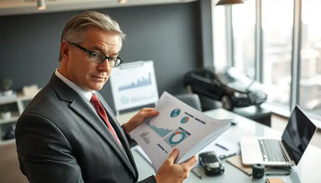 A professional vehicle valuation expert, appearing confident and knowledgeable, stands in an office setting surrounded by charts and vehicle models. The foreground features the expert, a middle-aged Caucasian man in smart business attire, analyzing paperwork with a focused expression. In the middle ground, a sleek desk cluttered with automotive valuation documents, a laptop displaying data, and a vehicle model are visible. The background features a large window letting in natural light, illuminating the workspace and showcasing a cityscape outside. The atmosphere is serious yet inviting, emphasizing professionalism and expertise. The image should be captured with soft lighting and a slightly blurred background to draw attention to the expert and the documents. A professional vehicle valuation expert, appearing confident and knowledgeable, stands in an office setting surrounded by charts and vehicle models. The foreground features the expert, a middle-aged Caucasian man in smart business attire, analyzing paperwork with a focused expression. In the middle ground, a sleek desk cluttered with automotive valuation documents, a laptop displaying data, and a vehicle model are visible. The background features a large window letting in natural light, illuminating the workspace and showcasing a cityscape outside. The atmosphere is serious yet inviting, emphasizing professionalism and expertise. The image should be captured with soft lighting and a slightly blurred background to draw attention to the expert and the documents.