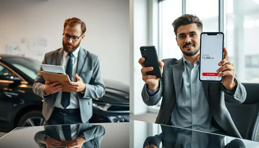 A split-screen comparison image illustrating two car insurance valuations: on the left, a professional appraiser examining a car with a clipboard and calculator, wearing business attire, symbolizing the insurance valuation of 6,200 EUR, with a subtle background of paperwork and charts. On the right, a confident individual representing MOTOEXPERT, showcasing a smartphone displaying 11,400 EUR and presenting a clear, modern interface. The setting is an office environment, with a sleek glass desk and soft, diffused lighting to create a professional atmosphere. The mood is analytical and focused, drawing attention to the valuation differences. The angle should emphasize the contrast between the two valuations while maintaining clarity in the visual representation. A split-screen comparison image illustrating two car insurance valuations: on the left, a professional appraiser examining a car with a clipboard and calculator, wearing business attire, symbolizing the insurance valuation of 6,200 EUR, with a subtle background of paperwork and charts. On the right, a confident individual representing MOTOEXPERT, showcasing a smartphone displaying 11,400 EUR and presenting a clear, modern interface. The setting is an office environment, with a sleek glass desk and soft, diffused lighting to create a professional atmosphere. The mood is analytical and focused, drawing attention to the valuation differences. The angle should emphasize the contrast between the two valuations while maintaining clarity in the visual representation.