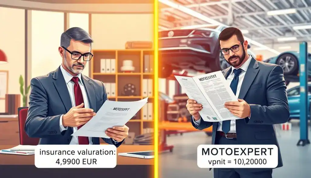 A split-screen illustration showcasing the concept of damage valuation in insurance. On the left, depict a professional scene with a well-dressed insurance adjuster examining paperwork in a modern office, analyzing a report labeled "Insurance Valuation: 4,900 EUR." The lighting is warm and inviting, emphasizing clarity and professionalism. On the right, illustrate a confident automotive expert, also in business attire, surrounded by car parts and tools, reviewing a detailed report labeled "MOTOEXPERT Valuation: 10,200 EUR." The background features bright workshop elements and a car on a lift, suggesting expertise in vehicle assessment. The atmosphere is informative and focused, providing a clear visual comparison of the two approaches to damage evaluation. A split-screen illustration showcasing the concept of damage valuation in insurance. On the left, depict a professional scene with a well-dressed insurance adjuster examining paperwork in a modern office, analyzing a report labeled "Insurance Valuation: 4,900 EUR." The lighting is warm and inviting, emphasizing clarity and professionalism. On the right, illustrate a confident automotive expert, also in business attire, surrounded by car parts and tools, reviewing a detailed report labeled "MOTOEXPERT Valuation: 10,200 EUR." The background features bright workshop elements and a car on a lift, suggesting expertise in vehicle assessment. The atmosphere is informative and focused, providing a clear visual comparison of the two approaches to damage evaluation.