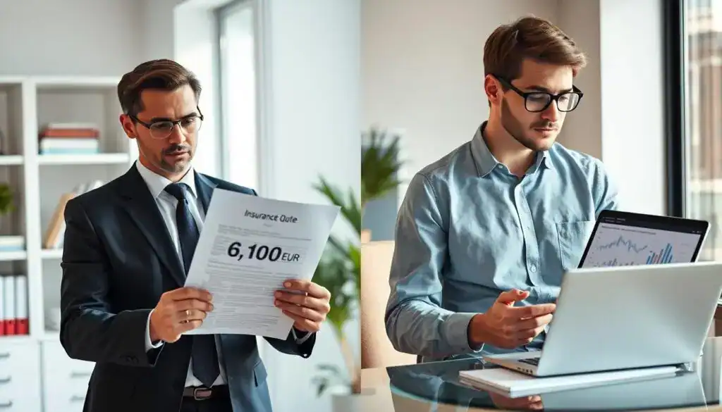 A split-screen image comparing two car insurance quotes: on the left side, depict a professional insurance agent in business attire studying a document for a standard insurance quote of 6,100 EUR, with a serious expression in a modern office setting. Use bright, natural lighting that creates a focus on the agent. On the right side, illustrate another professional reviewing a more detailed coverage plan for 13,200 EUR, showing graphs and charts on a laptop screen. The agent here should wear modest casual clothing, looking thoughtful and engaged. Background elements include shelves with insurance books and a soft-focus cityscape visible through a window, creating a balanced atmosphere of professionalism and analysis. Aim for clarity and depth, capturing the tension between the two differing valuations. A split-screen image comparing two car insurance quotes: on the left side, depict a professional insurance agent in business attire studying a document for a standard insurance quote of 6,100 EUR, with a serious expression in a modern office setting. Use bright, natural lighting that creates a focus on the agent. On the right side, illustrate another professional reviewing a more detailed coverage plan for 13,200 EUR, showing graphs and charts on a laptop screen. The agent here should wear modest casual clothing, looking thoughtful and engaged. Background elements include shelves with insurance books and a soft-focus cityscape visible through a window, creating a balanced atmosphere of professionalism and analysis. Aim for clarity and depth, capturing the tension between the two differing valuations.