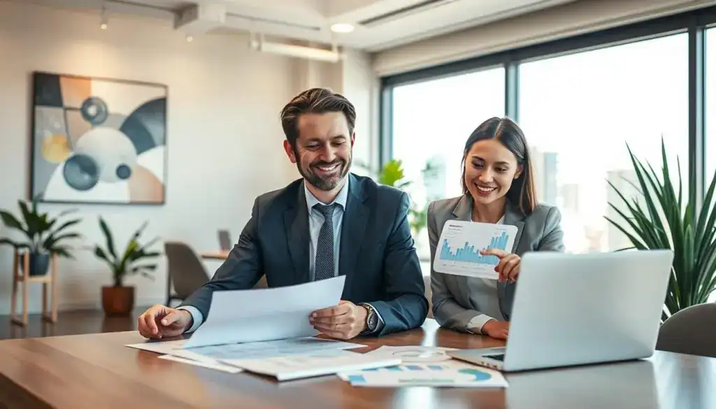 A visually appealing image depicting a professional meeting between a satisfied customer and an insurance advisor in a well-lit modern office. In the foreground, the customer, a middle-aged man in smart business attire, expresses contentment while looking at documents on the table. The insurance advisor, a young woman in professional clothing, points to a graph on a laptop, illustrating the benefits of their policies. In the middle ground, an inviting office space features abstract art on the walls and plants adding a touch of greenery. The background reveals a cityscape through large windows, hinting at progress and opportunity. The lighting is bright and warm, creating an optimistic atmosphere focused on positive customer experiences with MOTOEXPERT and insurance evaluations. A visually appealing image depicting a professional meeting between a satisfied customer and an insurance advisor in a well-lit modern office. In the foreground, the customer, a middle-aged man in smart business attire, expresses contentment while looking at documents on the table. The insurance advisor, a young woman in professional clothing, points to a graph on a laptop, illustrating the benefits of their policies. In the middle ground, an inviting office space features abstract art on the walls and plants adding a touch of greenery. The background reveals a cityscape through large windows, hinting at progress and opportunity. The lighting is bright and warm, creating an optimistic atmosphere focused on positive customer experiences with MOTOEXPERT and insurance evaluations.