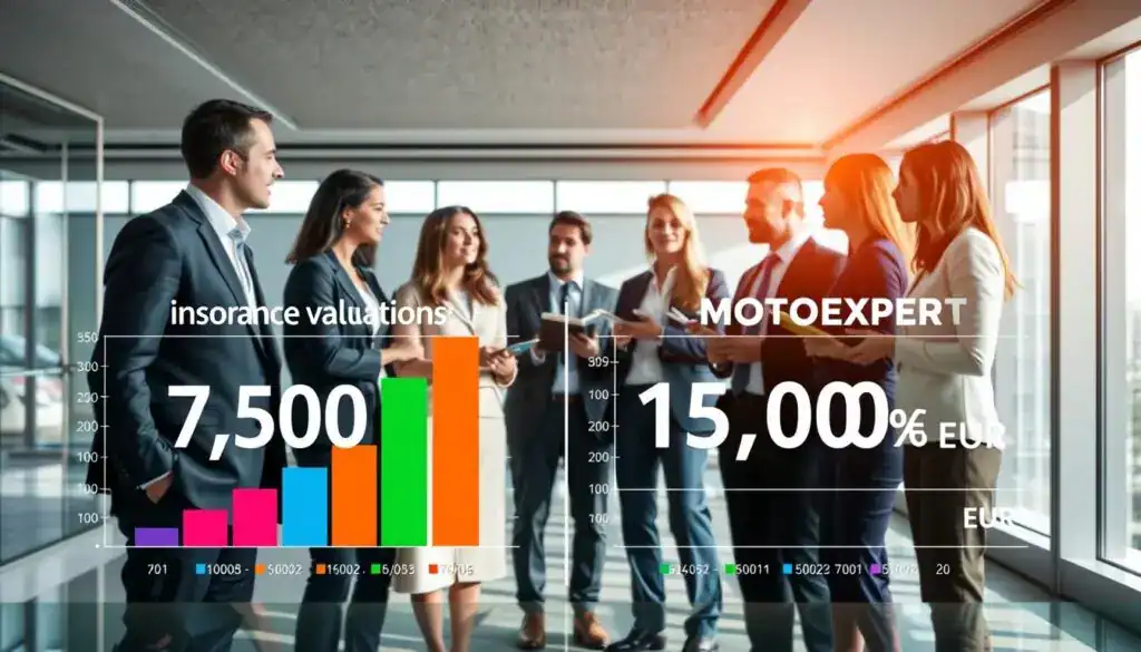 A visually engaging infographic-style image illustrating a comparison of insurance valuations, set in a modern office environment. In the foreground, two contrasting charts, one labeled "Insurance Valuation 7,500 EUR" and the other "MOTOEXPERT 15,000 EUR," featuring vivid colors and detailed data points. In the middle ground, a diverse group of professionals, dressed in smart business attire, actively discussing the charts, showing expressions of analysis and engagement. The background features a sleek office space with large windows, allowing natural light to flood in, casting soft shadows. The overall atmosphere is one of professionalism, clarity, and insight, emphasizing the importance of understanding insurance valuation differences. A visually engaging infographic-style image illustrating a comparison of insurance valuations, set in a modern office environment. In the foreground, two contrasting charts, one labeled "Insurance Valuation 7,500 EUR" and the other "MOTOEXPERT 15,000 EUR," featuring vivid colors and detailed data points. In the middle ground, a diverse group of professionals, dressed in smart business attire, actively discussing the charts, showing expressions of analysis and engagement. The background features a sleek office space with large windows, allowing natural light to flood in, casting soft shadows. The overall atmosphere is one of professionalism, clarity, and insight, emphasizing the importance of understanding insurance valuation differences.
