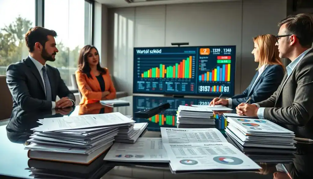 A visually engaging scene depicting a financial analysis meeting. In the foreground, a diverse group of four professionals in business attire are gathered around a polished conference table, studying a large digital display with colorful graphs and data representing "wartość szkód" (value of damages). The middle ground features stacks of reports and financial documents, some opened, with an emphasis on numbers and charts reflecting valuation discrepancies. In the background, a modern office setting with large windows allowing natural light to flood in, casting soft shadows, enhancing the focus on the data. The atmosphere is serious yet collaborative, with each professional engaged in discussion, their expressions focused and determined. The camera angle is slightly elevated, capturing both the human element and the detailed data on display effectively. A visually engaging scene depicting a financial analysis meeting. In the foreground, a diverse group of four professionals in business attire are gathered around a polished conference table, studying a large digital display with colorful graphs and data representing "wartość szkód" (value of damages). The middle ground features stacks of reports and financial documents, some opened, with an emphasis on numbers and charts reflecting valuation discrepancies. In the background, a modern office setting with large windows allowing natural light to flood in, casting soft shadows, enhancing the focus on the data. The atmosphere is serious yet collaborative, with each professional engaged in discussion, their expressions focused and determined. The camera angle is slightly elevated, capturing both the human element and the detailed data on display effectively.