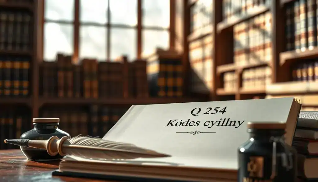 A beautifully designed, open law book featuring an elegant layout of the text "§ 254 Kodeks cywilny" prominently on a page. In the foreground, a quill pen rests beside an ink pot, hinting at traditional legal practices. The middle layer showcases a softly blurred background with classic legal tomes on wooden shelves, emphasizing a sense of wisdom and authority. Natural light streams through a large window, casting gentle shadows and creating a warm, inviting atmosphere. The color palette is rich with deep browns, golds, and soft whites, reflecting professionalism and seriousness. The overall mood conveys respect for the legal profession, inviting the viewer to reflect on the principles of rational action that protect one's position. A beautifully designed, open law book featuring an elegant layout of the text "§ 254 Kodeks cywilny" prominently on a page. In the foreground, a quill pen rests beside an ink pot, hinting at traditional legal practices. The middle layer showcases a softly blurred background with classic legal tomes on wooden shelves, emphasizing a sense of wisdom and authority. Natural light streams through a large window, casting gentle shadows and creating a warm, inviting atmosphere. The color palette is rich with deep browns, golds, and soft whites, reflecting professionalism and seriousness. The overall mood conveys respect for the legal profession, inviting the viewer to reflect on the principles of rational action that protect one's position.