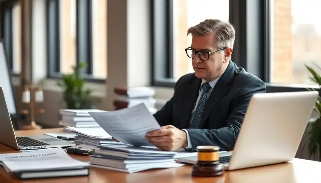 A business professional in a modern office setting, seated at a desk cluttered with legal documents, a laptop, and a cup of coffee. The foreground features the individual, a middle-aged person with glasses, wearing a sharp suit, thoughtfully reviewing papers that symbolize compensation claims. In the middle area, there are blurred stacks of paperwork and legal books, indicating complexity in the claims process. The background shows large windows letting in soft, natural light, casting a warm glow across the scene. The atmosphere is serious yet hopeful, conveying a sense of determination and resilience. The image captures the essence of an individual actively seeking justice and compensation after an accident. A business professional in a modern office setting, seated at a desk cluttered with legal documents, a laptop, and a cup of coffee. The foreground features the individual, a middle-aged person with glasses, wearing a sharp suit, thoughtfully reviewing papers that symbolize compensation claims. In the middle area, there are blurred stacks of paperwork and legal books, indicating complexity in the claims process. The background shows large windows letting in soft, natural light, casting a warm glow across the scene. The atmosphere is serious yet hopeful, conveying a sense of determination and resilience. The image captures the essence of an individual actively seeking justice and compensation after an accident.