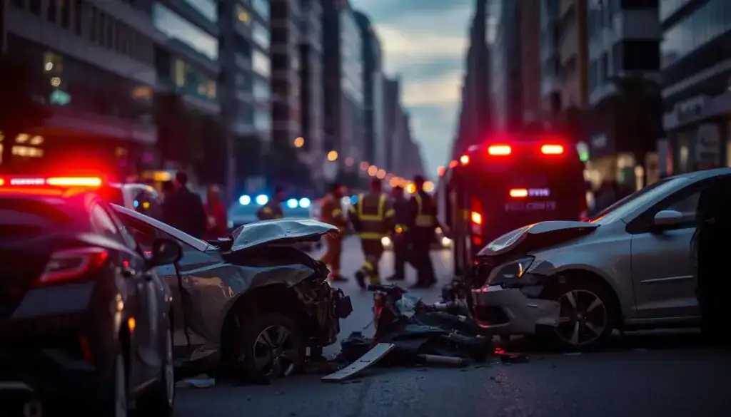 A busy city street at dusk, focusing on a recent car accident scene in the foreground. The wreckage includes two vehicles with visible damages, surrounded by emergency response personnel, dressed in professional attire, inspecting the situation. In the middle ground, bystanders observe while emergency lights cast a red-blue glow across the scene, heightening urgency. The background shows blurred city buildings, adding depth and context. The lighting is dramatic, with a soft focus on the wreckage to emphasize the need for quick action following an accident. The mood conveys a sense of seriousness and the importance of assessing damage promptly. The angle is slightly tilted, giving a dynamic perspective to the accident site, creating a feeling of immediacy without any text or overlays. A busy city street at dusk, focusing on a recent car accident scene in the foreground. The wreckage includes two vehicles with visible damages, surrounded by emergency response personnel, dressed in professional attire, inspecting the situation. In the middle ground, bystanders observe while emergency lights cast a red-blue glow across the scene, heightening urgency. The background shows blurred city buildings, adding depth and context. The lighting is dramatic, with a soft focus on the wreckage to emphasize the need for quick action following an accident. The mood conveys a sense of seriousness and the importance of assessing damage promptly. The angle is slightly tilted, giving a dynamic perspective to the accident site, creating a feeling of immediacy without any text or overlays.