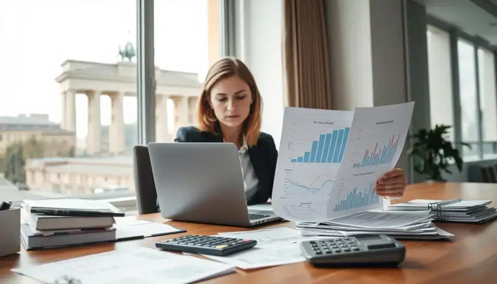 A busy office environment focused on VAT calculations in Germany. In the foreground, a professional woman in business attire operates a laptop, analyzing financial documents with charts and graphs displaying VAT rates and tax regulations. She appears focused and determined. In the middle ground, a desk is cluttered with various tax papers and accounting tools, while a modern financial calculator lays nearby. In the background, a large window reveals a cityscape of Berlin, with iconic landmarks like the Brandenburg Gate visible. Soft, natural light filters through the window, creating a bright and professional atmosphere. The overall mood conveys diligence and clarity in navigating the complexities of German VAT regulations. A busy office environment focused on VAT calculations in Germany. In the foreground, a professional woman in business attire operates a laptop, analyzing financial documents with charts and graphs displaying VAT rates and tax regulations. She appears focused and determined. In the middle ground, a desk is cluttered with various tax papers and accounting tools, while a modern financial calculator lays nearby. In the background, a large window reveals a cityscape of Berlin, with iconic landmarks like the Brandenburg Gate visible. Soft, natural light filters through the window, creating a bright and professional atmosphere. The overall mood conveys diligence and clarity in navigating the complexities of German VAT regulations.
