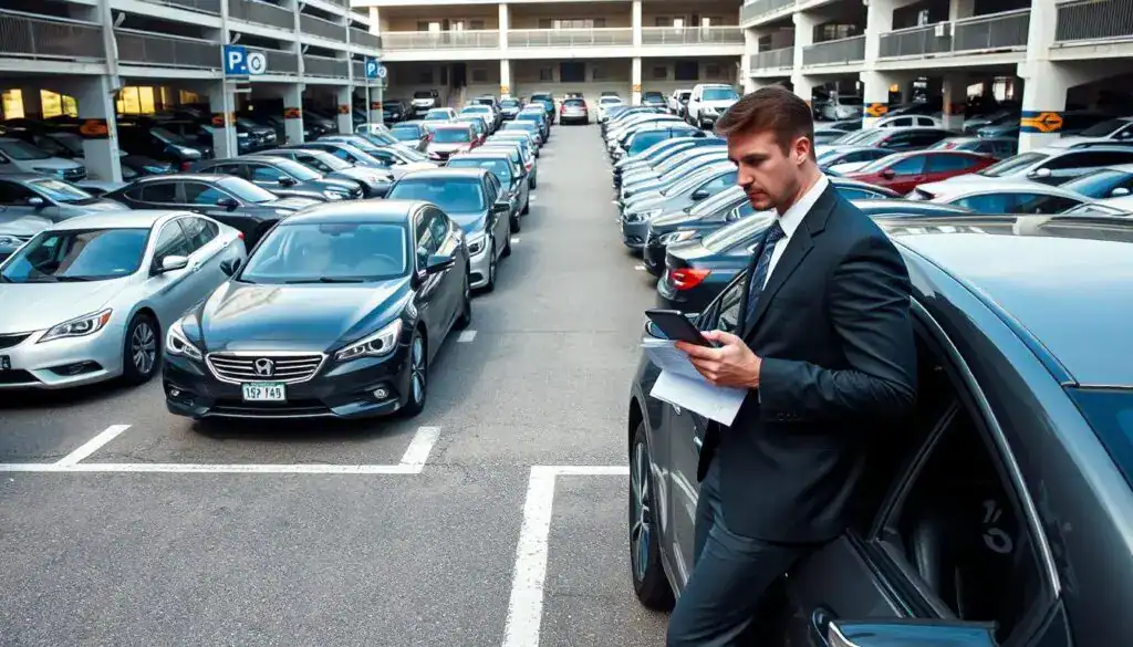 A busy parking lot filled with various cars, including sedans, SUVs, and hatchbacks, organized in neat rows. In the foreground, an individual wearing smart business attire stands next to a parked car, holding a stack of parking receipts and a smartphone, with a look of concentration while reviewing the documents. The middle ground features clear parking signage and painted lines on the asphalt. The background showcases a well-maintained parking structure with bright lighting. The scene is captured in daylight, with soft shadows enhancing the textures of the cars and pavement. The mood is professional and focused, highlighting the importance of keeping track of parking expenses. A busy parking lot filled with various cars, including sedans, SUVs, and hatchbacks, organized in neat rows. In the foreground, an individual wearing smart business attire stands next to a parked car, holding a stack of parking receipts and a smartphone, with a look of concentration while reviewing the documents. The middle ground features clear parking signage and painted lines on the asphalt. The background showcases a well-maintained parking structure with bright lighting. The scene is captured in daylight, with soft shadows enhancing the textures of the cars and pavement. The mood is professional and focused, highlighting the importance of keeping track of parking expenses.