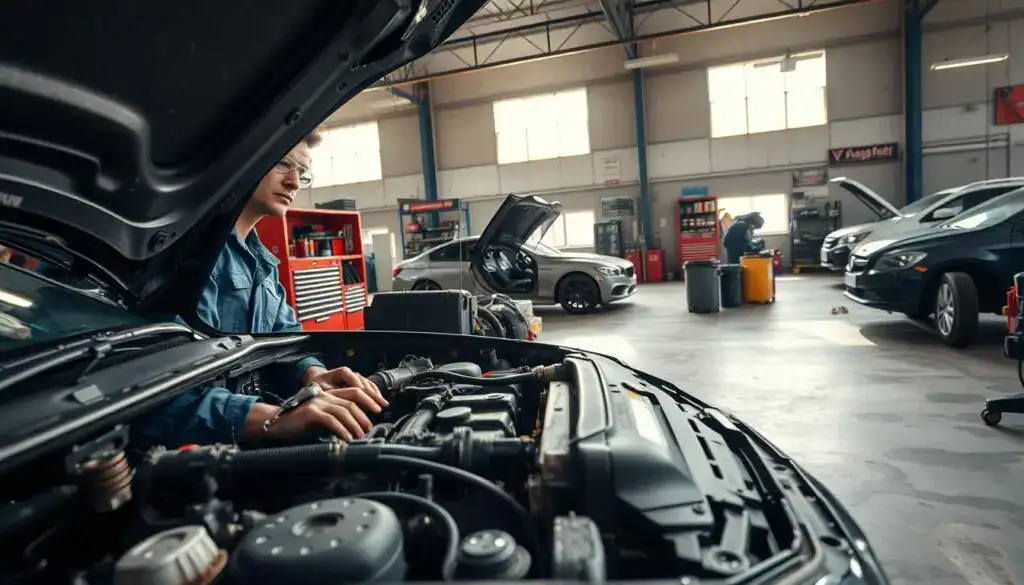 A busy vehicle repair shop, showcasing a skilled mechanic working on a car's engine in the foreground. The mechanic, wearing a blue jumpsuit and safety goggles, is focused on his task, surrounded by tools and spare parts. In the middle ground, various vehicles in different stages of repair can be seen, alongside organized tool racks and parts bins. In the background, large windows let in bright natural light, illuminating the workshop's dusty ambiance, with oil stains on the concrete floor adding to the realism. The overall mood is industrious and professional, emphasizing the meticulous process of vehicle repair. The angle is slightly tilted to capture both the intricate details of the engine and the scope of the workshop, enhancing the dynamic feel of the image. A busy vehicle repair shop, showcasing a skilled mechanic working on a car's engine in the foreground. The mechanic, wearing a blue jumpsuit and safety goggles, is focused on his task, surrounded by tools and spare parts. In the middle ground, various vehicles in different stages of repair can be seen, alongside organized tool racks and parts bins. In the background, large windows let in bright natural light, illuminating the workshop's dusty ambiance, with oil stains on the concrete floor adding to the realism. The overall mood is industrious and professional, emphasizing the meticulous process of vehicle repair. The angle is slightly tilted to capture both the intricate details of the engine and the scope of the workshop, enhancing the dynamic feel of the image.