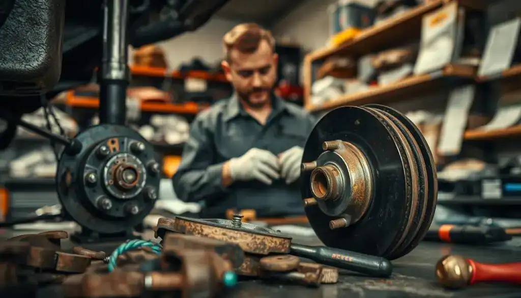 A close-up of a car brake system in a repair shop, showcasing the intricate details of the brake pads and rotors. The foreground features rusted components and tools scattered on a workbench, emphasizing the theme of damage and repair. In the middle ground, an automotive technician, dressed in a professional shirt and gloves, is examining the brake components, reflecting a critical assessment of the situation. The background includes blurred shelves with various car parts and manuals, creating a sense of a busy workshop environment. Soft, diffused overhead lighting casts a warm glow, enhancing the atmosphere of diligence and urgency in repair work. The image conveys a mood of focus and seriousness, illustrating the implications of car damage on repair timelines.