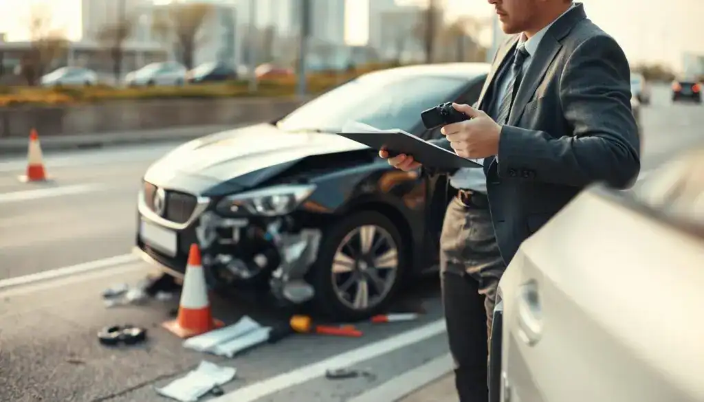 A close-up scene of a damaged car parked beside a road after an accident, with visible scratches and dents on the bodywork. In the foreground, a professional-looking individual in business attire is examining the vehicle, holding a notepad and a camera capturing evidence for an insurance claim. The middle ground features the car partly surrounded by safety cones and tools, while the background shows a blurred urban setting with distant traffic. Soft, natural lighting illuminates the scene, creating a serious but hopeful atmosphere, emphasizing the importance of documenting evidence. The perspective is slightly angled as if from the viewpoint of an observer taking notes. A close-up scene of a damaged car parked beside a road after an accident, with visible scratches and dents on the bodywork. In the foreground, a professional-looking individual in business attire is examining the vehicle, holding a notepad and a camera capturing evidence for an insurance claim. The middle ground features the car partly surrounded by safety cones and tools, while the background shows a blurred urban setting with distant traffic. Soft, natural lighting illuminates the scene, creating a serious but hopeful atmosphere, emphasizing the importance of documenting evidence. The perspective is slightly angled as if from the viewpoint of an observer taking notes.