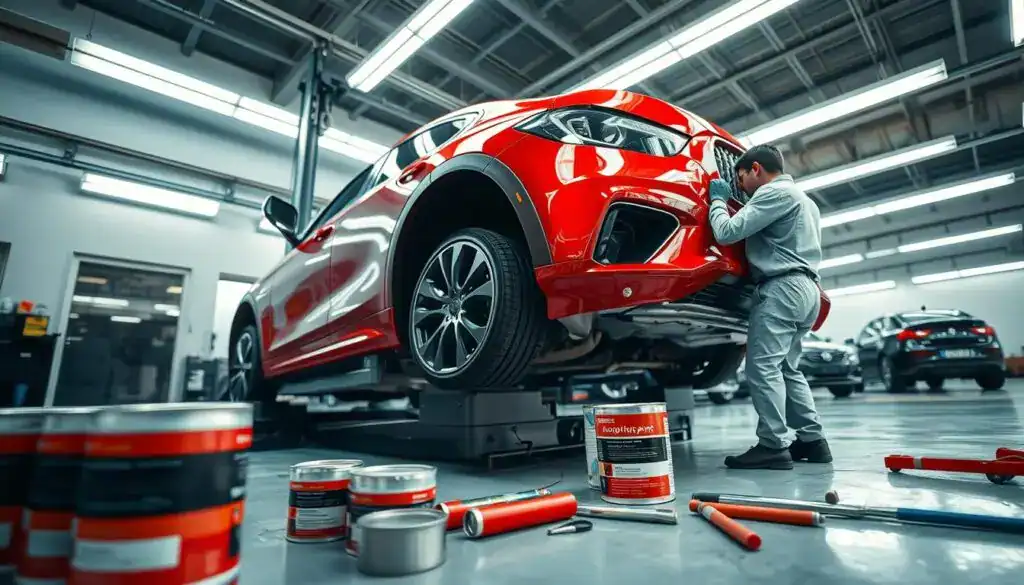 A close-up view of a car being painted in a modern auto body shop. The foreground features a well-maintained vehicle positioned on a hydraulic lift, with a professional painter carefully applying a fresh coat of vibrant red paint using an airbrush, showcasing the precision of the work. The middle ground includes cans of high-quality automotive paint and various tools spread out for use, emphasizing the technical aspects of car refinishing. In the background, bright fluorescent lights illuminate the sleek lines of other cars in the shop, creating a bustling, industrious atmosphere. The scene conveys a sense of professionalism and attention to detail, with a focus on the craftsmanship involved in determining paint costs. The angle is slightly overhead, capturing both the painter's expertise and the workspace's energy. A close-up view of a car being painted in a modern auto body shop. The foreground features a well-maintained vehicle positioned on a hydraulic lift, with a professional painter carefully applying a fresh coat of vibrant red paint using an airbrush, showcasing the precision of the work. The middle ground includes cans of high-quality automotive paint and various tools spread out for use, emphasizing the technical aspects of car refinishing. In the background, bright fluorescent lights illuminate the sleek lines of other cars in the shop, creating a bustling, industrious atmosphere. The scene conveys a sense of professionalism and attention to detail, with a focus on the craftsmanship involved in determining paint costs. The angle is slightly overhead, capturing both the painter's expertise and the workspace's energy.