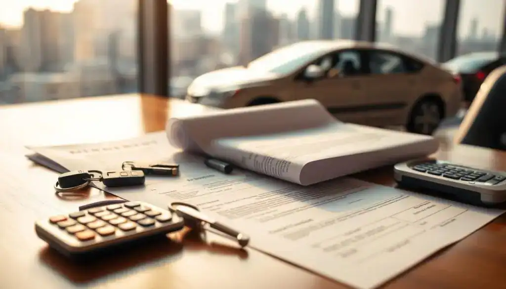 A close-up view of a car rental agreement on a polished wooden desk, surrounded by several automotive keys and a calculator, symbolizing careful budgeting. The contract should be partially rolled out, showing essential details like rental terms and prices. In the background, a soft-focus cityscape is visible through a large window, hinting at various types of transportation. The lighting is warm and inviting, with natural sunlight filtering in, casting soft shadows that enhance the document's texture. The mood is professional and thoughtful, reflecting the idea of exploring cost-effective alternatives for car rentals without distractions or clutter. A close-up view of a car rental agreement on a polished wooden desk, surrounded by several automotive keys and a calculator, symbolizing careful budgeting. The contract should be partially rolled out, showing essential details like rental terms and prices. In the background, a soft-focus cityscape is visible through a large window, hinting at various types of transportation. The lighting is warm and inviting, with natural sunlight filtering in, casting soft shadows that enhance the document's texture. The mood is professional and thoughtful, reflecting the idea of exploring cost-effective alternatives for car rentals without distractions or clutter.