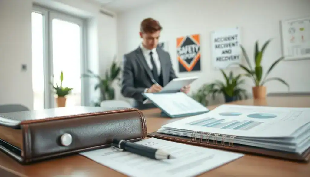 A close-up view of a professional workspace featuring important accident documentation. In the foreground, a neatly organized desk with a leather-bound accident report binder, a pen, and a digital tablet displaying graph charts. In the middle background, a focused individual in a smart business outfit takes notes while reviewing the documents, symbolizing the meticulous nature of post-accident procedures. Soft, natural light filters through a nearby window, casting a warm glow on the scene. The office environment is modern and tidy, with plants and a motivational poster subtly hinting at safety and recovery. Overall, the atmosphere conveys professionalism, attention to detail, and the importance of thorough documentation in ensuring safety after an incident. A close-up view of a professional workspace featuring important accident documentation. In the foreground, a neatly organized desk with a leather-bound accident report binder, a pen, and a digital tablet displaying graph charts. In the middle background, a focused individual in a smart business outfit takes notes while reviewing the documents, symbolizing the meticulous nature of post-accident procedures. Soft, natural light filters through a nearby window, casting a warm glow on the scene. The office environment is modern and tidy, with plants and a motivational poster subtly hinting at safety and recovery. Overall, the atmosphere conveys professionalism, attention to detail, and the importance of thorough documentation in ensuring safety after an incident.