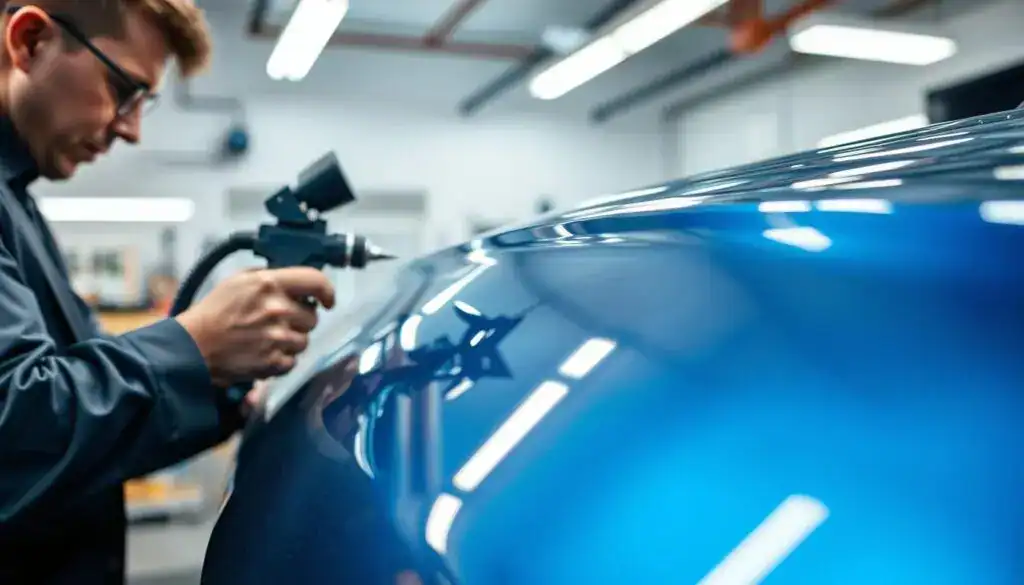 A close-up view of a skilled artisan applying a metallic paint shade to a car body. In the foreground, the artisan, wearing professional business attire, carefully uses a spray gun, focused on achieving a flawless finish. The middle ground showcases the glistening car surface, reflecting rich tones of blue and silver, with intricate shading highlighting the contours. In the background, a well-lit modern workshop with tools and equipment subtly blurred adds depth. The lighting is soft yet vivid, emphasizing the sheen of the paint and creating a clean, professional atmosphere. Capture a sense of precision and craftsmanship, focusing on the interplay of light and shadow on the painted surface. A close-up view of a skilled artisan applying a metallic paint shade to a car body. In the foreground, the artisan, wearing professional business attire, carefully uses a spray gun, focused on achieving a flawless finish. The middle ground showcases the glistening car surface, reflecting rich tones of blue and silver, with intricate shading highlighting the contours. In the background, a well-lit modern workshop with tools and equipment subtly blurred adds depth. The lighting is soft yet vivid, emphasizing the sheen of the paint and creating a clean, professional atmosphere. Capture a sense of precision and craftsmanship, focusing on the interplay of light and shadow on the painted surface.