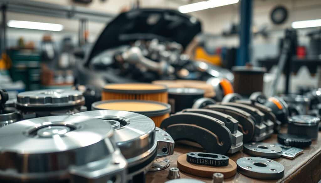 A close-up view of authentic automotive parts displayed on a workbench, showcasing a mix of mechanical components such as engine parts, brake pads, and filters. The foreground features shiny, well-labeled original parts with distinct branding, emphasizing high quality. In the middle ground, slightly blurred interchangeable parts are arranged, highlighting their differences in design and branding. The background includes tools, a partially visible car engine, and soft overhead lighting that creates a professional workshop ambiance. The scene captures a contrasting atmosphere of reliability versus uncertainty, underscoring the theme of original versus substitute parts. Use a shallow depth of field to focus sharply on the original components, creating a sense of depth and professionalism. A close-up view of authentic automotive parts displayed on a workbench, showcasing a mix of mechanical components such as engine parts, brake pads, and filters. The foreground features shiny, well-labeled original parts with distinct branding, emphasizing high quality. In the middle ground, slightly blurred interchangeable parts are arranged, highlighting their differences in design and branding. The background includes tools, a partially visible car engine, and soft overhead lighting that creates a professional workshop ambiance. The scene captures a contrasting atmosphere of reliability versus uncertainty, underscoring the theme of original versus substitute parts. Use a shallow depth of field to focus sharply on the original components, creating a sense of depth and professionalism.