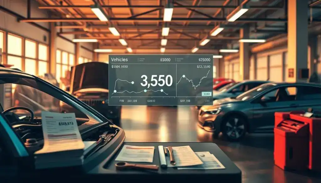 A conceptual illustration representing the relationship between vehicle repair costs and the overall value of a vehicle. In the foreground, display a detailed mechanic's workstation with repair tools, a partially disassembled car, and invoices showing repair costs. In the middle, show a digital display featuring fluctuating vehicle values, presented in a modern, sleek style. In the background, depict a garage with different vehicles, some being repaired and others parked, reflecting diverse conditions. The lighting is warm and inviting, casting soft shadows to create an organized yet busy atmosphere. Capture a thoughtful, analytical mood, symbolizing the financial considerations involved in vehicle maintenance and value assessment. Use a wide-angle lens for depth and perspective.