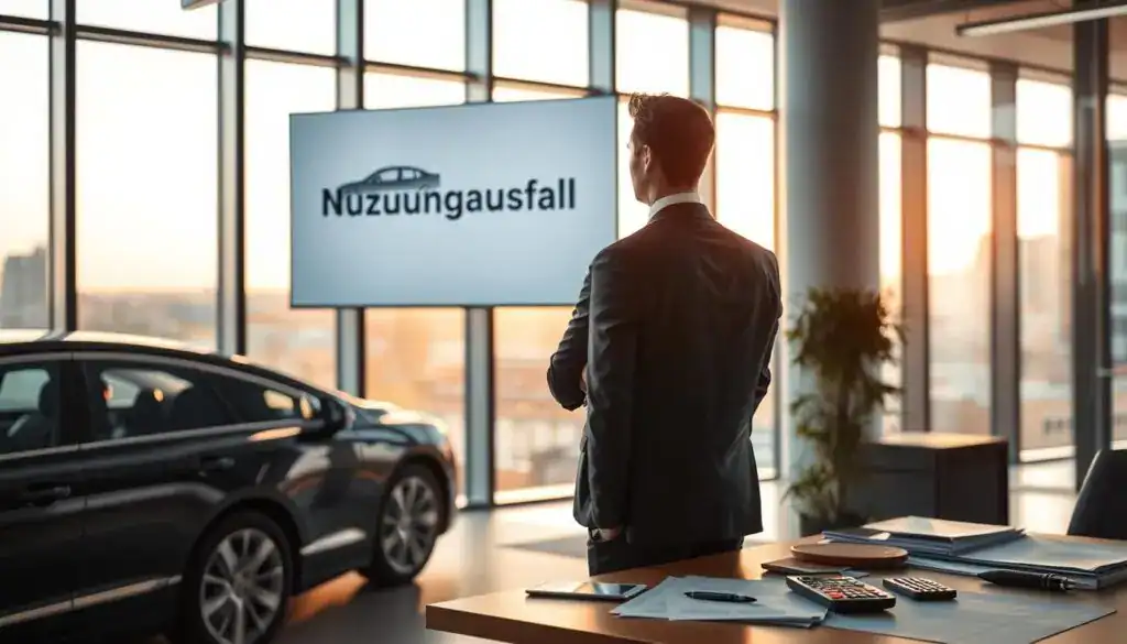 A concerned business professional, dressed in a tailored suit, stands in a sleek office setting, gazing thoughtfully at a large screen displaying the legal text "Nutzungsausfall." In the foreground, a shiny, modern car is parked outside, while a faint silhouette of a second car is absent, symbolizing the lack of a replacement vehicle. The middle ground features a cluttered desk with legal documents and a calculator, illustrating the financial implications of car absence. The background shows a cityscape through a large window, bathed in warm, late afternoon sunlight, creating an atmosphere of urgency and contemplation. Capture the scene with soft focus on the background, highlighting the professional's expression and the screen's content with a sharp focus, using a wide-angle lens for depth. A concerned business professional, dressed in a tailored suit, stands in a sleek office setting, gazing thoughtfully at a large screen displaying the legal text "Nutzungsausfall." In the foreground, a shiny, modern car is parked outside, while a faint silhouette of a second car is absent, symbolizing the lack of a replacement vehicle. The middle ground features a cluttered desk with legal documents and a calculator, illustrating the financial implications of car absence. The background shows a cityscape through a large window, bathed in warm, late afternoon sunlight, creating an atmosphere of urgency and contemplation. Capture the scene with soft focus on the background, highlighting the professional's expression and the screen's content with a sharp focus, using a wide-angle lens for depth.