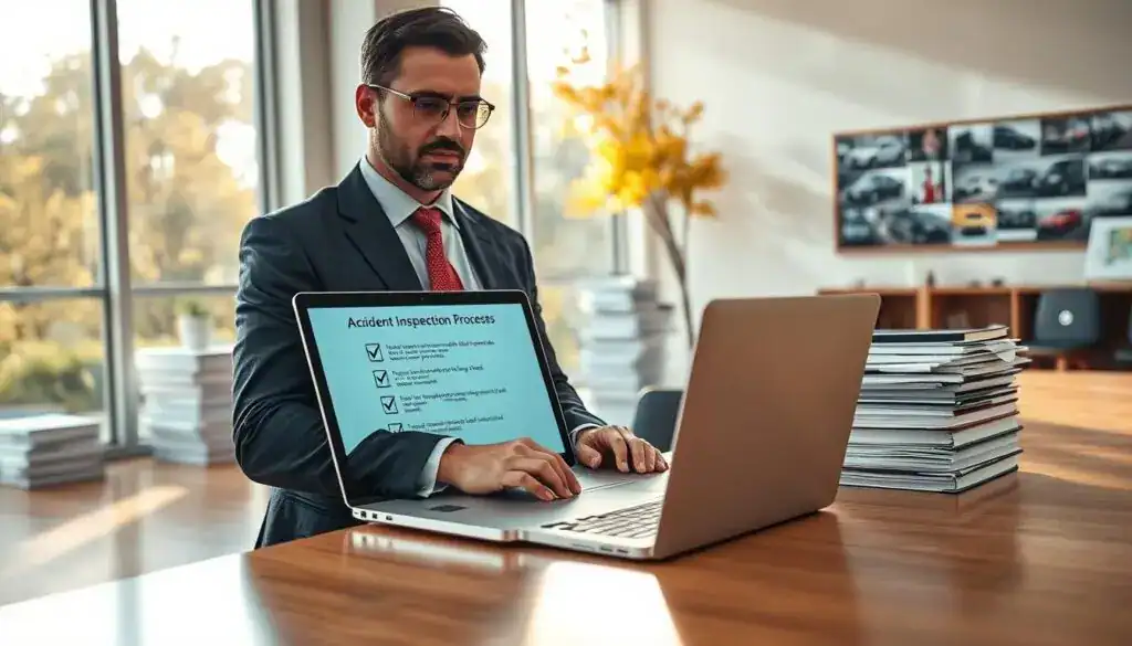 A confident business professional, dressed in a smart suit, is standing at a desk with a laptop open, focused on a digital interface displaying a checklist for accident inspection processes. The scene captures the autumn daylight filtering through large windows in a contemporary office, casting soft shadows on the polished wooden floor. In the background, there are stacks of case files and a bulletin board filled with images of vehicles. The atmosphere is one of diligence and professionalism, highlighting the detailed steps involved in initiating a personal accident inspection process. The perspective is slightly angled, emphasizing both the individual and the organized workspace, conveying an air of authority and competence in accident management. A confident business professional, dressed in a smart suit, is standing at a desk with a laptop open, focused on a digital interface displaying a checklist for accident inspection processes. The scene captures the autumn daylight filtering through large windows in a contemporary office, casting soft shadows on the polished wooden floor. In the background, there are stacks of case files and a bulletin board filled with images of vehicles. The atmosphere is one of diligence and professionalism, highlighting the detailed steps involved in initiating a personal accident inspection process. The perspective is slightly angled, emphasizing both the individual and the organized workspace, conveying an air of authority and competence in accident management.