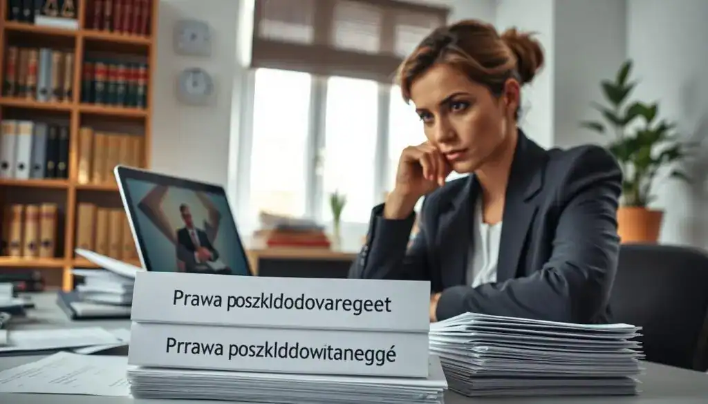 A contemplative lawyer in a professional business suit, sitting at a modern office desk cluttered with legal documents, a laptop open in front of her, displaying a paused video of a legal consultation. In the foreground, a stack of papers labeled "Prawa poszkodowanego" prominently visible, symbolizing the claims rights. The middle ground features a window with daylight streaming in, casting soft shadows, enhancing the serious atmosphere. The background shows a bookshelf filled with law books and a potted plant for a touch of warmth. The overall mood is one of determination and focus, as if strategizing for an appeal after a denied claim. The image is brightly lit to evoke clarity and hope, captured from a slightly elevated angle to convey authority. A contemplative lawyer in a professional business suit, sitting at a modern office desk cluttered with legal documents, a laptop open in front of her, displaying a paused video of a legal consultation. In the foreground, a stack of papers labeled "Prawa poszkodowanego" prominently visible, symbolizing the claims rights. The middle ground features a window with daylight streaming in, casting soft shadows, enhancing the serious atmosphere. The background shows a bookshelf filled with law books and a potted plant for a touch of warmth. The overall mood is one of determination and focus, as if strategizing for an appeal after a denied claim. The image is brightly lit to evoke clarity and hope, captured from a slightly elevated angle to convey authority.