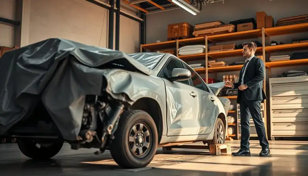 A damaged vehicle is secured in a well-lit automotive workshop, showcasing various protection methods. In the foreground, a worker in professional business attire carefully places protective covers over a dented car, emphasizing attention to detail. The middle ground features additional safety equipment like tarps and wooden supports, strategically arranged around the vehicle. The background displays shelves stocked with repair tools and materials, adding to the atmosphere of a busy repair environment. Soft, warm lighting highlights the vehicle's distressed exterior while casting gentle shadows, creating a focused yet reassuring mood. The angle captures both the vehicle and the worker, emphasizing the importance of vehicle protection in a practical setting. A damaged vehicle is secured in a well-lit automotive workshop, showcasing various protection methods. In the foreground, a worker in professional business attire carefully places protective covers over a dented car, emphasizing attention to detail. The middle ground features additional safety equipment like tarps and wooden supports, strategically arranged around the vehicle. The background displays shelves stocked with repair tools and materials, adding to the atmosphere of a busy repair environment. Soft, warm lighting highlights the vehicle's distressed exterior while casting gentle shadows, creating a focused yet reassuring mood. The angle captures both the vehicle and the worker, emphasizing the importance of vehicle protection in a practical setting.