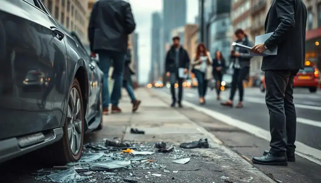 A damaged vehicle parked on the side of a bustling city street, showcasing visible dents and scratches, with shattered glass on the ground. In the foreground, a forensic expert in a professional attire, examining the car's condition with a clipboard in hand, symbolizing the assessment of market value post-accident. The middle ground features pedestrians glancing at the vehicle, their expressions a mix of concern and indifference, illustrating the societal impact of collision incidents. The background includes a blurred cityscape under a gloomy sky, emphasizing a somber atmosphere. Soft diffused lighting casts gentle shadows, adding depth, while a low-angle perspective enhances the vehicle’s prominence in the shot, capturing the stark reality of vehicle valuation in the aftermath of accidents. A damaged vehicle parked on the side of a bustling city street, showcasing visible dents and scratches, with shattered glass on the ground. In the foreground, a forensic expert in a professional attire, examining the car's condition with a clipboard in hand, symbolizing the assessment of market value post-accident. The middle ground features pedestrians glancing at the vehicle, their expressions a mix of concern and indifference, illustrating the societal impact of collision incidents. The background includes a blurred cityscape under a gloomy sky, emphasizing a somber atmosphere. Soft diffused lighting casts gentle shadows, adding depth, while a low-angle perspective enhances the vehicle’s prominence in the shot, capturing the stark reality of vehicle valuation in the aftermath of accidents.