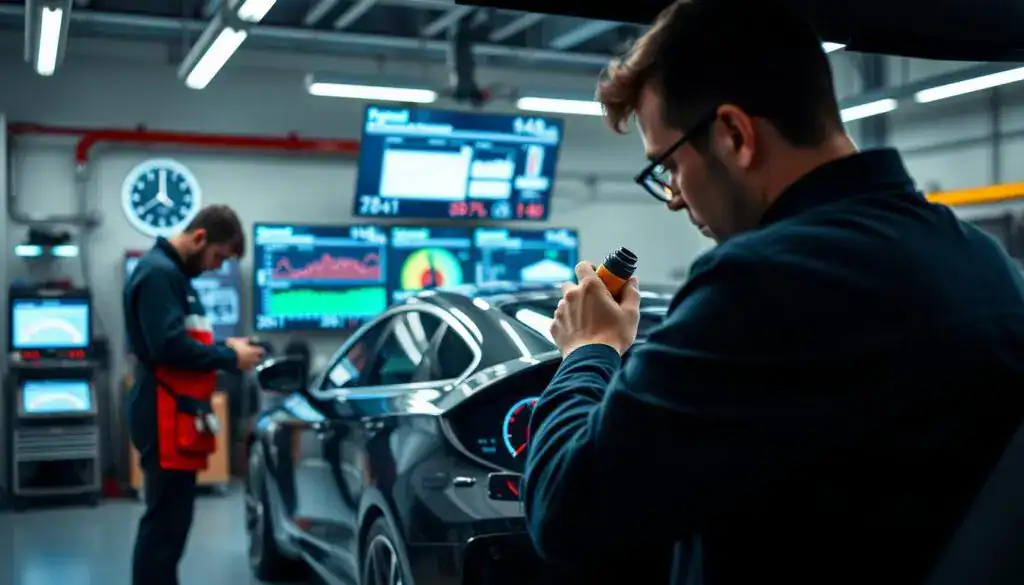 A detailed and informative scene illustrating the significance of calibration for road safety, featuring a modern car in a high-tech garage. In the foreground, focus on a mechanic in professional attire, intently working with calibration tools, adjusting high-tech sensors on the car's dashboard. The middle ground showcases the sleek, modern car, with prominent sleek lines and advanced technological features. In the background, a well-organized workshop with diagnostic screens displaying calibration data and charts, bright LED lights illuminating the space to create a professional atmosphere. The overall mood is serious yet focused, conveying the importance of calibration in ensuring road safety. Capture the scene at a slightly elevated angle for a dynamic perspective, with a shallow depth of field to emphasize the mechanic's work. A detailed and informative scene illustrating the significance of calibration for road safety, featuring a modern car in a high-tech garage. In the foreground, focus on a mechanic in professional attire, intently working with calibration tools, adjusting high-tech sensors on the car's dashboard. The middle ground showcases the sleek, modern car, with prominent sleek lines and advanced technological features. In the background, a well-organized workshop with diagnostic screens displaying calibration data and charts, bright LED lights illuminating the space to create a professional atmosphere. The overall mood is serious yet focused, conveying the importance of calibration in ensuring road safety. Capture the scene at a slightly elevated angle for a dynamic perspective, with a shallow depth of field to emphasize the mechanic's work.