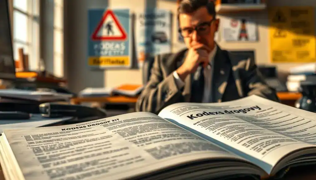 A detailed and realistic scene depicting a "kodeks drogowy" (road code) manual laid open on a cluttered desk. The foreground features the open manual prominently, showcasing well-defined text and diagrams related to road traffic rules. In the middle ground, a close-up of a thoughtful person in professional attire, such as a business suit, examining the manual. In the background, a softly blurred office environment with a traffic safety poster on the wall. The lighting is warm and natural, coming from a nearby window, casting gentle shadows that enhance the mood of serious contemplation. The overall atmosphere is focused and professional, conveying the importance of understanding road safety regulations. A detailed and realistic scene depicting a "kodeks drogowy" (road code) manual laid open on a cluttered desk. The foreground features the open manual prominently, showcasing well-defined text and diagrams related to road traffic rules. In the middle ground, a close-up of a thoughtful person in professional attire, such as a business suit, examining the manual. In the background, a softly blurred office environment with a traffic safety poster on the wall. The lighting is warm and natural, coming from a nearby window, casting gentle shadows that enhance the mood of serious contemplation. The overall atmosphere is focused and professional, conveying the importance of understanding road safety regulations.