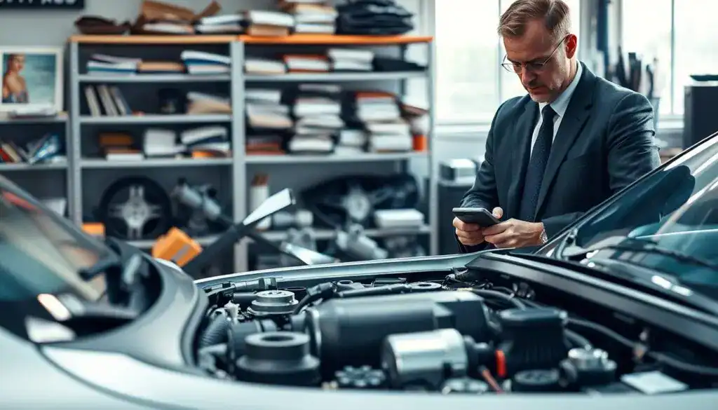 A detailed automotive appraisal scene featuring a professional car appraiser, dressed in smart business attire, examining a vehicle in a well-lit workshop. In the foreground, the appraiser is inspecting the car's engine, using a diagnostic tool, while taking notes. The middle layer showcases a variety of original auto parts displayed on a workbench, emphasizing quality and authenticity. In the background, there are shelves filled with automotive manuals and tools, creating an organized and professional atmosphere. Soft natural lighting filters through a workshop window, highlighting the precision involved in assessing vehicle parts. The mood conveys diligence and expertise, focusing on the importance of choosing original components for vehicle maintenance. A detailed automotive appraisal scene featuring a professional car appraiser, dressed in smart business attire, examining a vehicle in a well-lit workshop. In the foreground, the appraiser is inspecting the car's engine, using a diagnostic tool, while taking notes. The middle layer showcases a variety of original auto parts displayed on a workbench, emphasizing quality and authenticity. In the background, there are shelves filled with automotive manuals and tools, creating an organized and professional atmosphere. Soft natural lighting filters through a workshop window, highlighting the precision involved in assessing vehicle parts. The mood conveys diligence and expertise, focusing on the importance of choosing original components for vehicle maintenance.