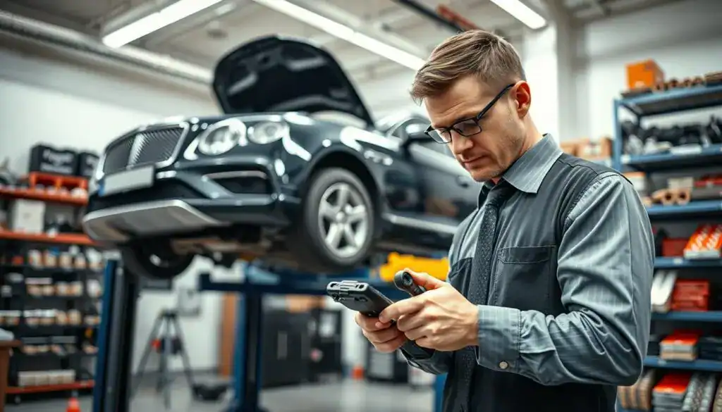 A detailed automotive repair scene set in a bright, modern workshop. In the foreground, a skilled mechanic wearing professional business attire is focused on fixing a vehicle, using various tools like wrenches and diagnostic equipment. The middle ground features a car elevated on a lift, with intricate details visible under the hood and on the frame. In the background, shelves filled with spare parts and automotive manuals hint at a thorough repair environment. Soft overhead lighting enhances the workshop's cleanliness while casting gentle shadows that create depth. The overall atmosphere conveys a sense of professionalism and meticulous attention to detail, emphasizing the importance of correctly diagnosing and repairing vehicles. A detailed automotive repair scene set in a bright, modern workshop. In the foreground, a skilled mechanic wearing professional business attire is focused on fixing a vehicle, using various tools like wrenches and diagnostic equipment. The middle ground features a car elevated on a lift, with intricate details visible under the hood and on the frame. In the background, shelves filled with spare parts and automotive manuals hint at a thorough repair environment. Soft overhead lighting enhances the workshop's cleanliness while casting gentle shadows that create depth. The overall atmosphere conveys a sense of professionalism and meticulous attention to detail, emphasizing the importance of correctly diagnosing and repairing vehicles.