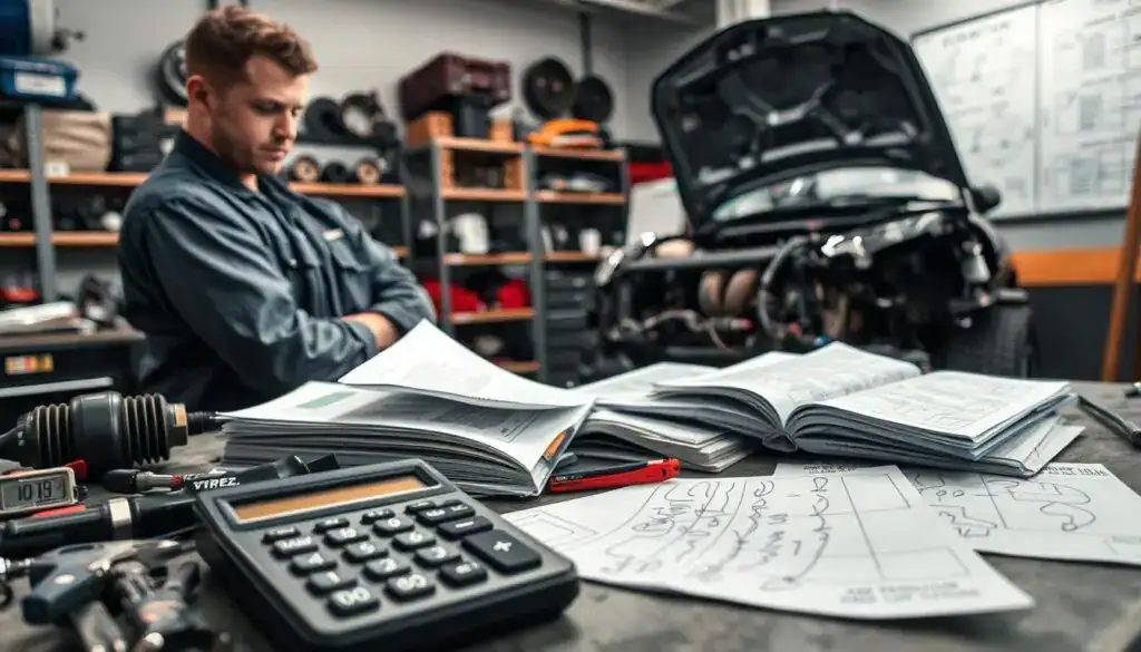 A detailed automotive repair scene set in a well-lit garage, showcasing various tools and parts spread across a workbench. In the foreground, a mechanic in professional attire is examining a damaged vehicle's engine, looking thoughtful. In the middle ground, there are repair manuals and a calculator with visible scribbled notes, symbolizing the calculations involved in repair costs. The background features shelves filled with car parts and a large whiteboard with diagrams of repairs and cost breakdowns. The lighting is bright and focused, casting soft shadows that create a professional atmosphere. The mood conveys a sense of diligence and attention to detail, emphasizing the analysis and planning involved in automotive repair costs. A detailed automotive repair scene set in a well-lit garage, showcasing various tools and parts spread across a workbench. In the foreground, a mechanic in professional attire is examining a damaged vehicle's engine, looking thoughtful. In the middle ground, there are repair manuals and a calculator with visible scribbled notes, symbolizing the calculations involved in repair costs. The background features shelves filled with car parts and a large whiteboard with diagrams of repairs and cost breakdowns. The lighting is bright and focused, casting soft shadows that create a professional atmosphere. The mood conveys a sense of diligence and attention to detail, emphasizing the analysis and planning involved in automotive repair costs.