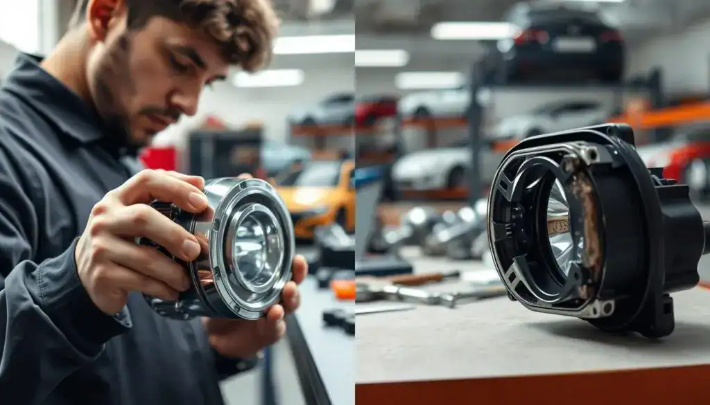A detailed comparison of automotive parts, featuring a split image. In the foreground, on the left, a professional mechanic examines a shiny, original car part, highlighting its precision and quality, while on the right, a slightly worn, less polished aftermarket part sits in contrast. The middle ground showcases a well-lit garage setting, with tools neatly arranged on a workbench. In the background, blurred images of car models suggest a busy workshop atmosphere. The lighting is bright, emphasizing the quality of the original parts, creating a clean, professional mood. A shallow depth of field focuses on the parts, suggesting a clear difference in quality. A detailed comparison of automotive parts, featuring a split image. In the foreground, on the left, a professional mechanic examines a shiny, original car part, highlighting its precision and quality, while on the right, a slightly worn, less polished aftermarket part sits in contrast. The middle ground showcases a well-lit garage setting, with tools neatly arranged on a workbench. In the background, blurred images of car models suggest a busy workshop atmosphere. The lighting is bright, emphasizing the quality of the original parts, creating a clean, professional mood. A shallow depth of field focuses on the parts, suggesting a clear difference in quality.