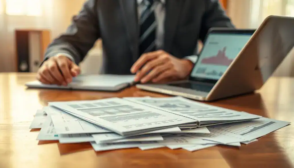 A detailed desk scene featuring a professional insurance adjuster in a tailored suit, meticulously reviewing documents related to compensation claims. In the foreground, an open folder with various papers, charts, and calculations spills onto a polished wooden table, emphasizing the importance of well-organized documentation. The middle layer reveals a sleek laptop displaying graphs and data analysis, symbolizing the calculation processes that impact the claim amount. In the background, a softly blurred office environment with warm, natural light filtering through a window creates a calm and focused atmosphere. The entire scene conveys a sense of professionalism, diligence, and the significant role of thorough documentation in assessing compensation amounts. A detailed desk scene featuring a professional insurance adjuster in a tailored suit, meticulously reviewing documents related to compensation claims. In the foreground, an open folder with various papers, charts, and calculations spills onto a polished wooden table, emphasizing the importance of well-organized documentation. The middle layer reveals a sleek laptop displaying graphs and data analysis, symbolizing the calculation processes that impact the claim amount. In the background, a softly blurred office environment with warm, natural light filtering through a window creates a calm and focused atmosphere. The entire scene conveys a sense of professionalism, diligence, and the significant role of thorough documentation in assessing compensation amounts.