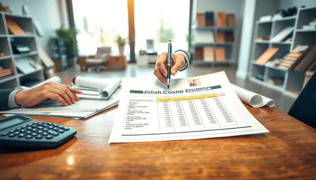 A detailed image of a construction cost estimate document, prominently displayed in the foreground on a polished wooden desk, surrounded by a calculator, drafting tools, and construction plans. In the middle ground, include a pair of hands wearing professional business attire, holding a pen and pointing to specific figures on the document, suggesting a discussion over costs. In the background, softly lit office space featuring shelves with building materials samples and a large window letting in natural light, creating a warm, productive atmosphere. The image should have a professional, business-like mood, captured from a slightly overhead angle to emphasize the document and the hands interacting with it. A detailed image of a construction cost estimate document, prominently displayed in the foreground on a polished wooden desk, surrounded by a calculator, drafting tools, and construction plans. In the middle ground, include a pair of hands wearing professional business attire, holding a pen and pointing to specific figures on the document, suggesting a discussion over costs. In the background, softly lit office space featuring shelves with building materials samples and a large window letting in natural light, creating a warm, productive atmosphere. The image should have a professional, business-like mood, captured from a slightly overhead angle to emphasize the document and the hands interacting with it.