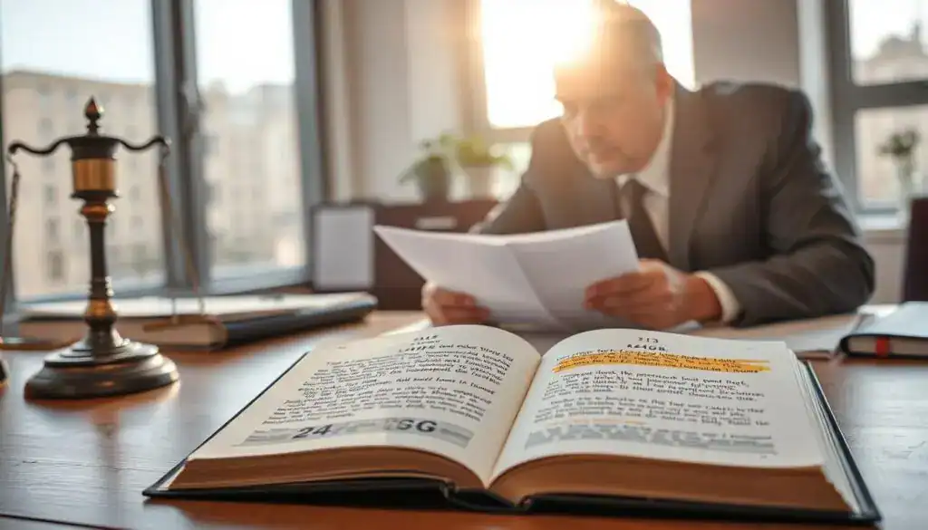 A detailed legal scene illustrating the concept of "You have the right to choose cost accounting. § 249 BGB." In the foreground, there is a well-dressed professional, a middle-aged man in a tailored suit, reviewing documents on a wooden desk, exuding an air of confidence and authority. In the middle ground, an open law book displays the text of § 249 BGB, with highlighted sections emphasizing cost recovery for repairs. The background features a softly lit modern office with large windows, allowing natural sunlight to filter in, casting gentle shadows. The atmosphere is serious yet hopeful, symbolizing the pursuit of justice and clarity in legal matters. The composition is framed with a slight upward angle to create a sense of aspiration and determination. A detailed legal scene illustrating the concept of "You have the right to choose cost accounting. § 249 BGB." In the foreground, there is a well-dressed professional, a middle-aged man in a tailored suit, reviewing documents on a wooden desk, exuding an air of confidence and authority. In the middle ground, an open law book displays the text of § 249 BGB, with highlighted sections emphasizing cost recovery for repairs. The background features a softly lit modern office with large windows, allowing natural sunlight to filter in, casting gentle shadows. The atmosphere is serious yet hopeful, symbolizing the pursuit of justice and clarity in legal matters. The composition is framed with a slight upward angle to create a sense of aspiration and determination.