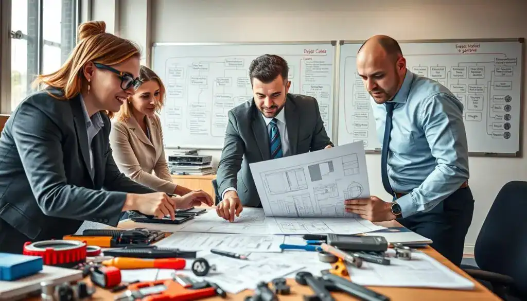 A detailed office setting showcasing a team of diverse professionals in business attire engaged in a focused discussion over documents and technical drawings related to "uzasadnienie techniczne części BGB". In the foreground, emphasize a table cluttered with engineering schematics, tools, and parts. In the middle ground, three individuals—one woman with glasses and two men—lean over the table, pointing at specific sections of a blueprint, with expressions of concentration and collaboration. The background features a whiteboard filled with flowcharts indicating the responsibilities of suppliers. Soft, natural lighting from a large window creates a warm, professional atmosphere, while a slight depth of field draws attention to the engaged teamwork, using a standard lens for a balanced composition. A detailed office setting showcasing a team of diverse professionals in business attire engaged in a focused discussion over documents and technical drawings related to "uzasadnienie techniczne części BGB". In the foreground, emphasize a table cluttered with engineering schematics, tools, and parts. In the middle ground, three individuals—one woman with glasses and two men—lean over the table, pointing at specific sections of a blueprint, with expressions of concentration and collaboration. The background features a whiteboard filled with flowcharts indicating the responsibilities of suppliers. Soft, natural lighting from a large window creates a warm, professional atmosphere, while a slight depth of field draws attention to the engaged teamwork, using a standard lens for a balanced composition.