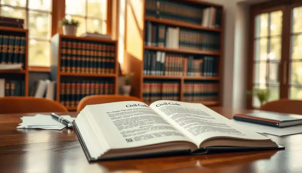A detailed, open lawbook featuring the "German Civil Code" prominently displayed on a polished wooden desk, surrounded by various legal papers and a sleek pen. Soft, warm light illuminates the scene, creating a professional yet inviting atmosphere. In the background, a blurred bookshelf filled with law-related texts adds depth, while a large window lets in natural daylight, suggesting transparency in legal proceedings. The image captures the essence of duty and professionalism in insurance practices, with the focus on the code and the concept of expert assessments in a non-intrusive, objective manner. The angle is slightly elevated, providing a clear view of the book and the surrounding documents without including any human figures or distractions. A detailed, open lawbook featuring the "German Civil Code" prominently displayed on a polished wooden desk, surrounded by various legal papers and a sleek pen. Soft, warm light illuminates the scene, creating a professional yet inviting atmosphere. In the background, a blurred bookshelf filled with law-related texts adds depth, while a large window lets in natural daylight, suggesting transparency in legal proceedings. The image captures the essence of duty and professionalism in insurance practices, with the focus on the code and the concept of expert assessments in a non-intrusive, objective manner. The angle is slightly elevated, providing a clear view of the book and the surrounding documents without including any human figures or distractions.