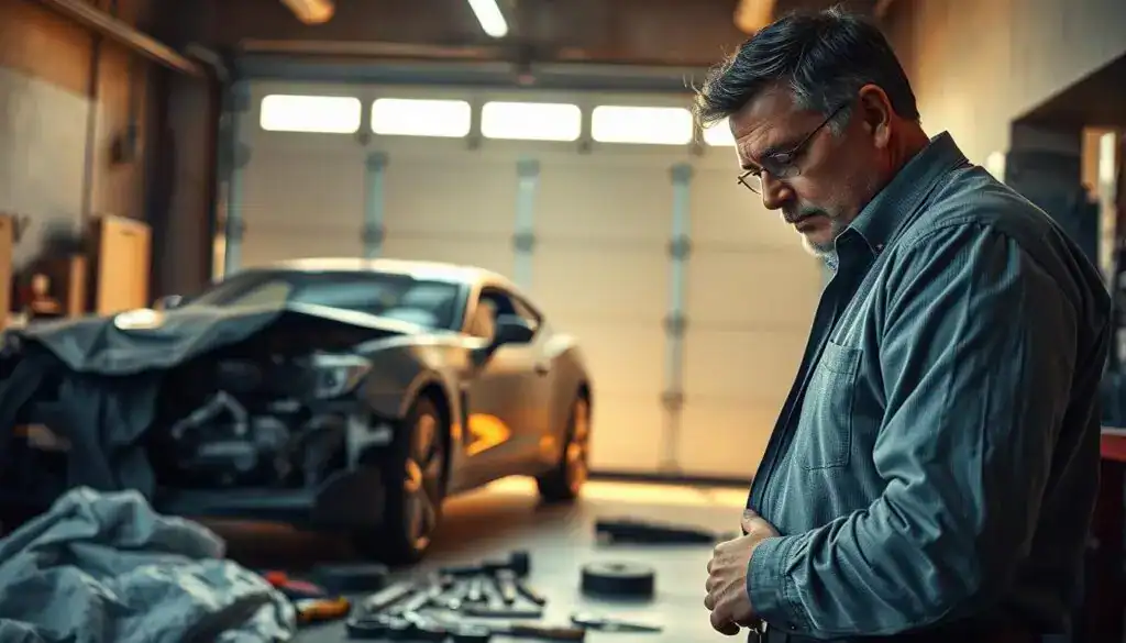 A detailed scene depicting a damaged car being secured in a safe garage. In the foreground, a middle-aged man in professional attire is inspecting the car's exterior for further damage, looking focused and concerned. In the middle ground, various tools and protective coverings are laid out, suggesting preparation for repairs. In the background, a garage door with natural light streaming through creates a warm atmosphere, illuminating dust particles in the air. The mood is serious yet proactive, emphasizing the importance of protecting the vehicle. The lighting is soft, with a slight glare from the overhead lights, focusing attention on the car and the man. The composition should capture the essence of vehicle security and proactive maintenance without any text or distractions. A detailed scene depicting a damaged car being secured in a safe garage. In the foreground, a middle-aged man in professional attire is inspecting the car's exterior for further damage, looking focused and concerned. In the middle ground, various tools and protective coverings are laid out, suggesting preparation for repairs. In the background, a garage door with natural light streaming through creates a warm atmosphere, illuminating dust particles in the air. The mood is serious yet proactive, emphasizing the importance of protecting the vehicle. The lighting is soft, with a slight glare from the overhead lights, focusing attention on the car and the man. The composition should capture the essence of vehicle security and proactive maintenance without any text or distractions.