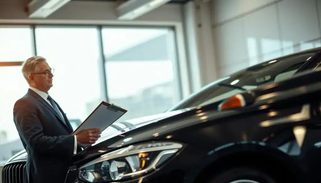 A detailed scene depicting a professional automotive appraisal process, featuring a neatly dressed appraiser examining a car in a modern office environment. In the foreground, the appraiser, a middle-aged man in a smart suit, is closely inspecting the vehicle’s exterior, using a clipboard and a measuring tape. The middle ground showcases the sleek car with visible details such as polished paint and gleaming headlights, emphasizing its pristine condition. The background includes a large window allowing soft natural light to illuminate the scene, casting gentle shadows. The atmosphere is serious and focused, highlighting the importance of determining car value before any damages. The overall composition should convey professionalism and attention to detail, creating an engaging visual for the article's subject. A detailed scene depicting a professional automotive appraisal process, featuring a neatly dressed appraiser examining a car in a modern office environment. In the foreground, the appraiser, a middle-aged man in a smart suit, is closely inspecting the vehicle’s exterior, using a clipboard and a measuring tape. The middle ground showcases the sleek car with visible details such as polished paint and gleaming headlights, emphasizing its pristine condition. The background includes a large window allowing soft natural light to illuminate the scene, casting gentle shadows. The atmosphere is serious and focused, highlighting the importance of determining car value before any damages. The overall composition should convey professionalism and attention to detail, creating an engaging visual for the article's subject.
