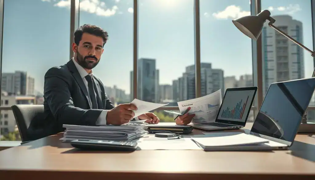 A detailed scene depicting a professional setting representing compensation claims. In the foreground, a confident businessperson, dressed in formal attire, is sitting at a sleek desk, reviewing documents related to claims. The middle ground showcases stacks of paperwork, a calculator, and a laptop displaying financial graphs, symbolizing the assessment of claim amounts. In the background, large windows let in natural light, creating a bright and optimistic atmosphere. The view outside shows urban buildings under a clear blue sky, emphasizing a sense of stability. Soft shadows cast by the desk lamp provide warmth to the overall scene, conveying a sense of professionalism and responsibility. The composition should convey seriousness and focus, ideal for an informative article. A detailed scene depicting a professional setting representing compensation claims. In the foreground, a confident businessperson, dressed in formal attire, is sitting at a sleek desk, reviewing documents related to claims. The middle ground showcases stacks of paperwork, a calculator, and a laptop displaying financial graphs, symbolizing the assessment of claim amounts. In the background, large windows let in natural light, creating a bright and optimistic atmosphere. The view outside shows urban buildings under a clear blue sky, emphasizing a sense of stability. Soft shadows cast by the desk lamp provide warmth to the overall scene, conveying a sense of professionalism and responsibility. The composition should convey seriousness and focus, ideal for an informative article.