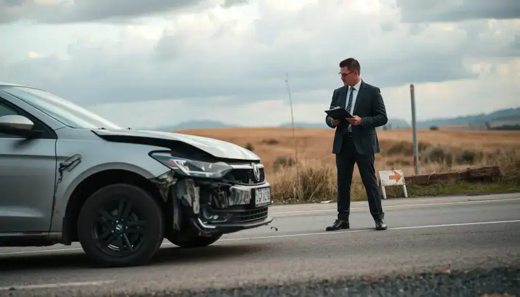 A detailed scene depicting the concept of "depreciation of vehicle value" in the aftermath of an accident. In the foreground, showcase a damaged car, with visible dents and scratches, parked on a road. Include a professional inspecting the vehicle, dressed in a business suit, holding a clipboard and noting the damage. In the middle ground, display a serene landscape with a slightly cloudy sky, symbolizing uncertainty. In the background, include a small, faded dealership sign, hinting at the vehicle's diminished worth. Use natural lighting to create soft contrasts, and a slightly tilted angle to emphasize the car's condition. The mood should reflect a sense of evaluation and contemplation regarding the vehicle's value loss. A detailed scene depicting the concept of "depreciation of vehicle value" in the aftermath of an accident. In the foreground, showcase a damaged car, with visible dents and scratches, parked on a road. Include a professional inspecting the vehicle, dressed in a business suit, holding a clipboard and noting the damage. In the middle ground, display a serene landscape with a slightly cloudy sky, symbolizing uncertainty. In the background, include a small, faded dealership sign, hinting at the vehicle's diminished worth. Use natural lighting to create soft contrasts, and a slightly tilted angle to emphasize the car's condition. The mood should reflect a sense of evaluation and contemplation regarding the vehicle's value loss.