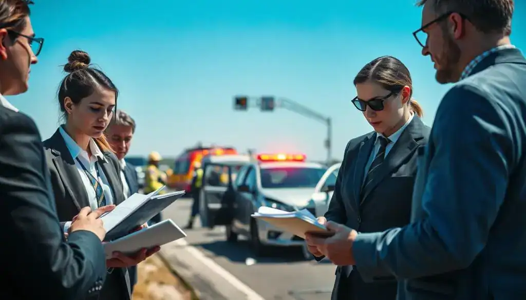 A detailed scene depicting the phases of accident response. In the foreground, a professional team in formal business attire is examining an accident scene, taking notes and using tools like notepads and cameras. The middle ground features a vehicle collision with blinking emergency lights and first responders attending to the situation. In the background, a clear blue sky enhances the daylight atmosphere. The lighting is bright, casting soft shadows to create a realistic and serious mood, emphasizing the importance of the procedures being followed. The angle captures the team's focused expressions while showcasing the chaotic yet organized nature of accident response, highlighting the step-by-step approach to the aftermath.